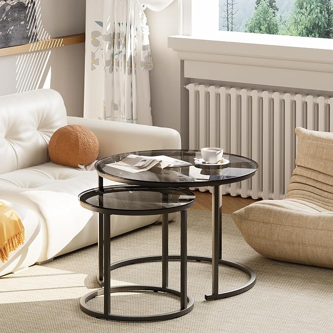 aboxoo Nesting Coffee Table Grey Glass Table Set of 2, Small Round Glass - Image 7
