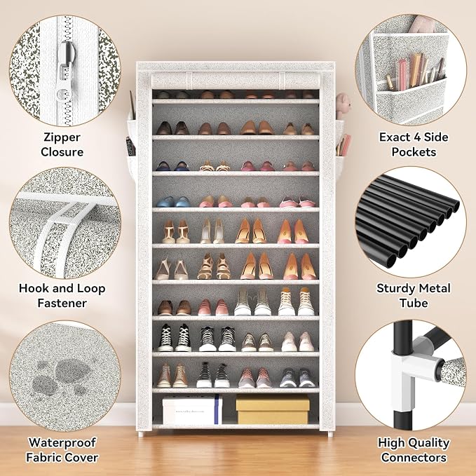 ROJASOP 10 Tier Shoe Rack with Covers Large Capacity Stackable Tall Shoe Shelf - Image 4