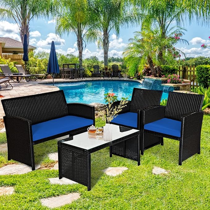 Tangkula 4 Pieces Patio Wicker Conversation Furniture Set, Patiojoy Sofa & - Image 2