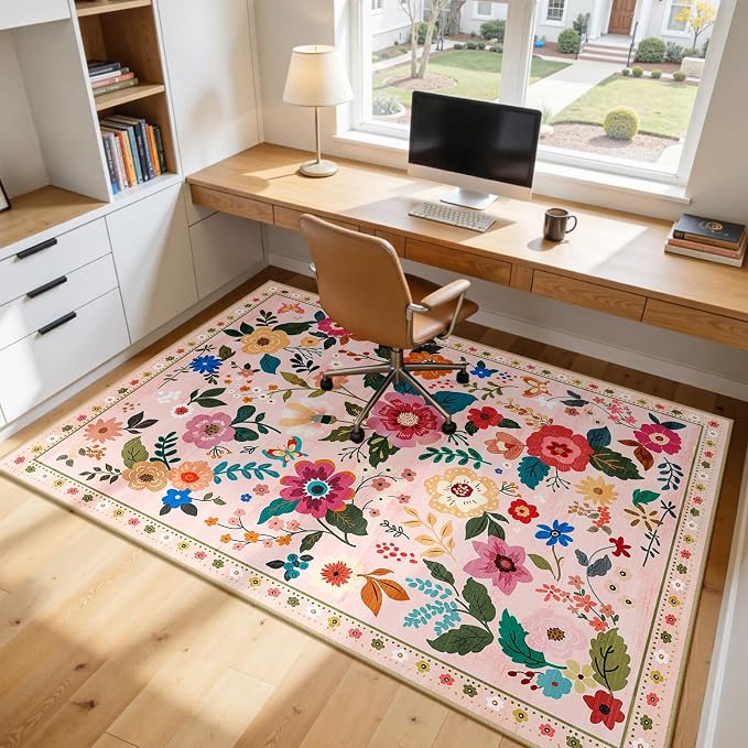RELEANY Floral Washable 7x9 Area Rugs Pink | Flower Carpet Print Boho Cute Non - Image 9