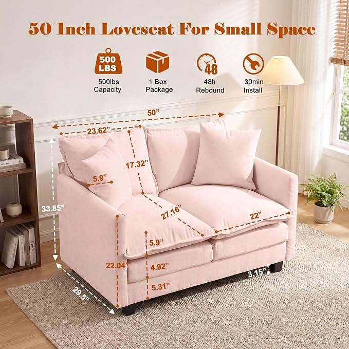 Loveseat Sofa Cloud Sofa Couch 50'', Modern Loveseats 2 Seat Couch 27" Deep Seat - Image 2