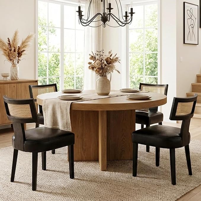 HNY Mid Century Modern Rattan Dining Chairs Set of 4, Farmhouse PU Leather by HNY