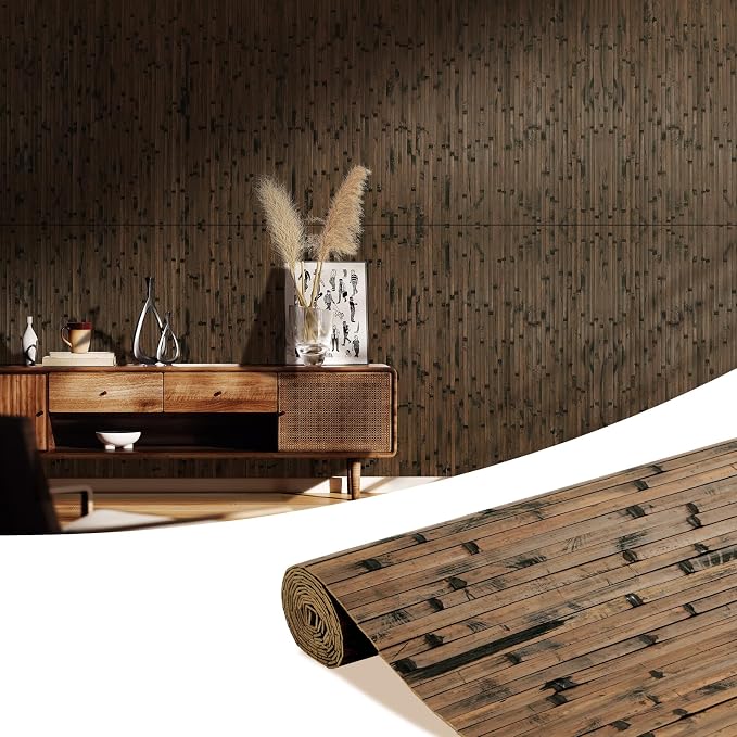 OUZUGIE 1 Pack 96x48 Inch Natural Bamboo Wall Panel – Brown Burned Pole Wrap by OUZUGIE
