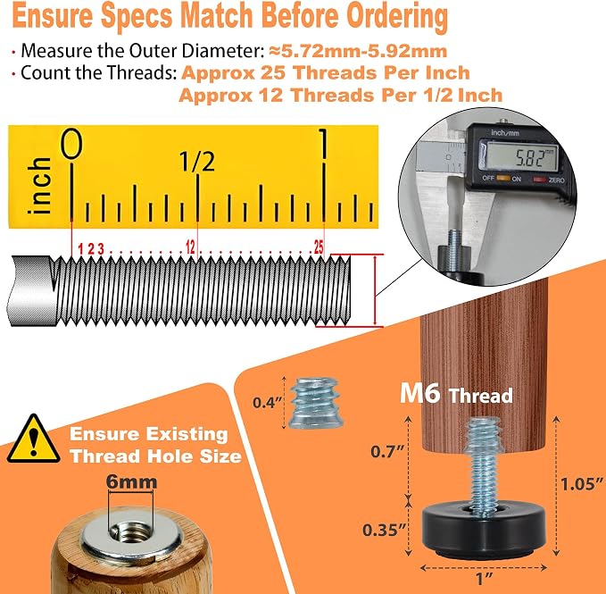 M6 Adjustable Furniture Leveler, 12 Pack Rubber Leveling Feet Screws in Threaded - Image 2