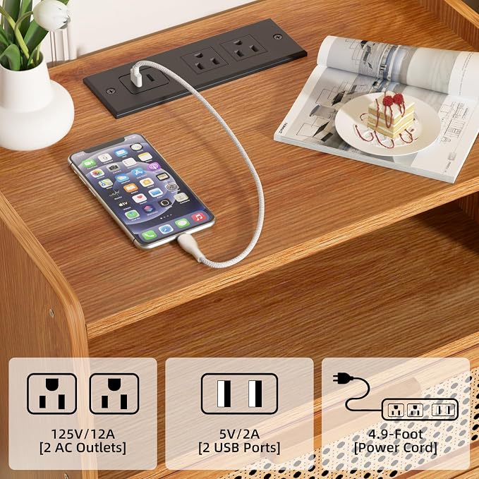 Lerliuo Rattan Nightstand with Charging Station, Side Table with Drawer - Image 7
