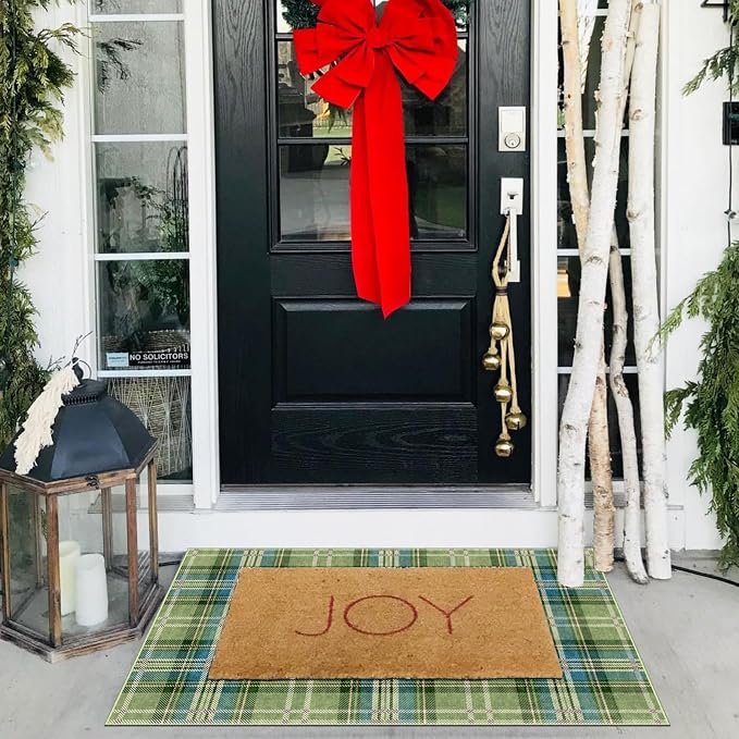 Front Door Mat Outside Entrance, 2x3 Green Teal Tartan Plaid Rug | Non-Slip - Image 5