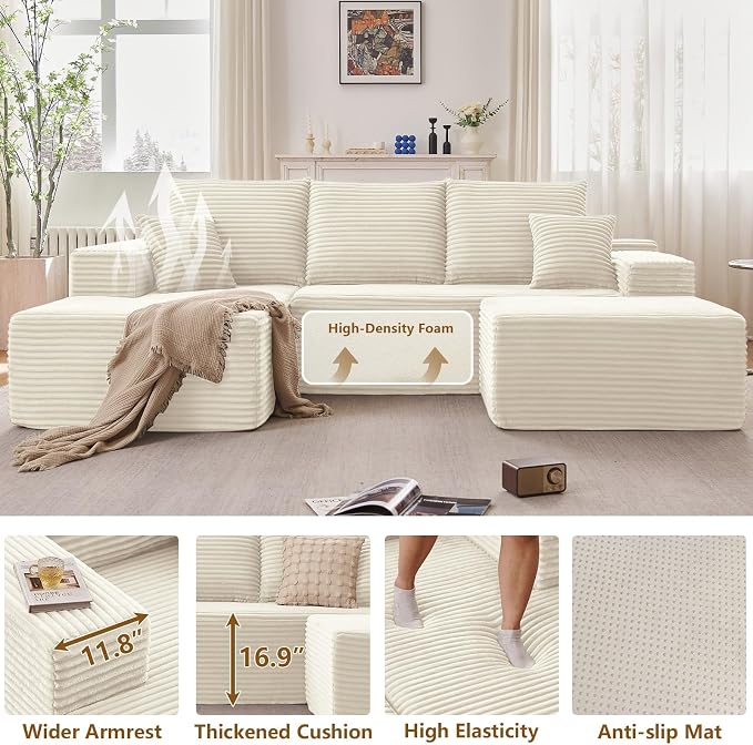 107" Comfy U-Shaped Sectional Modern Boneless Corduroy Couch - Image 5