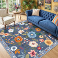 RELEANY Floral Washable Square 6ft Area Rug Blue/Grey | Flower Carpet Print by RELEANY
