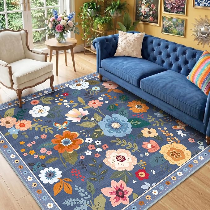 RELEANY Floral Washable Square 6ft Area Rug Blue/Grey | Flower Carpet Print by RELEANY