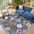 RELEANY Floral Washable Square 4ft Area Rug Blue/Grey | Flower Carpet Print - Image 6