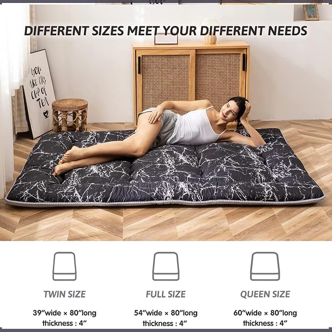 MAXYOYO Black Marble Printed Japanese Futon, Thicken Sleeping Pad Roll Up - Image 4