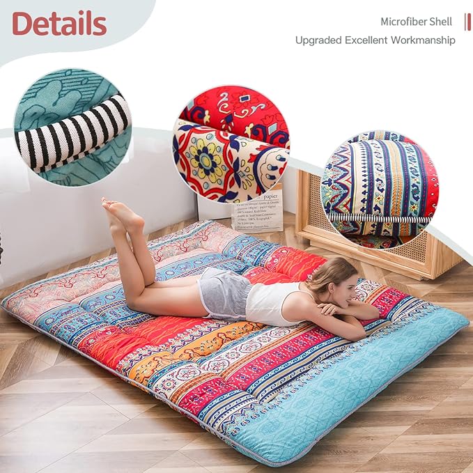 MAXYOYO Bohemian Retro Mattress Vintage Floral Japanese Futon Roll Up Tatami - Image 4