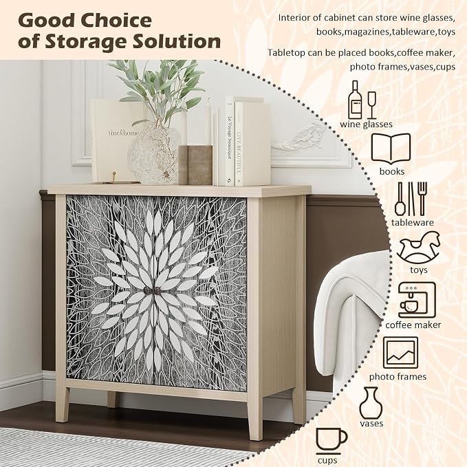 Black Accent Furniture, 32 Inch Wide 2-Door Carved Geometric Sideboard Buffet - Image 3