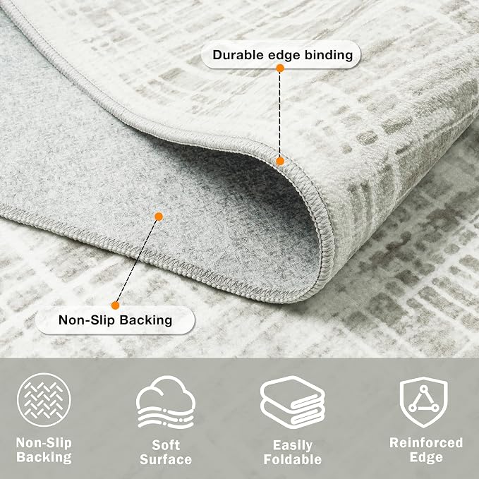 5x8 Washable Area Rug for Living Room Bedroom: Non-Slip Modern White Gray | - Image 4