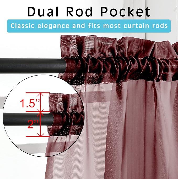 Burgundy Sheer Curtains 84 inch Length 2 Panels Set, Light Filtering Sheer - Image 2