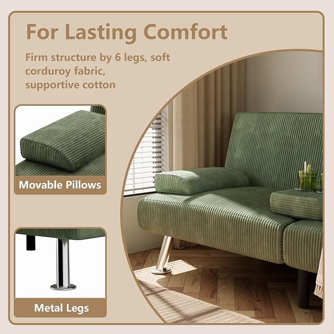 Flamaker Futon Sofa Bed Corduroy Folding Couch Adjustable Sleeper Sofa Bed - Image 6