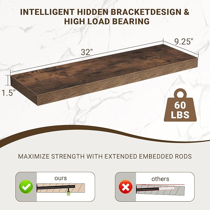 Acovy 32 Inch Floating Shelves, 3D Textured Wood Grain, Wooden Shelves - Image 3