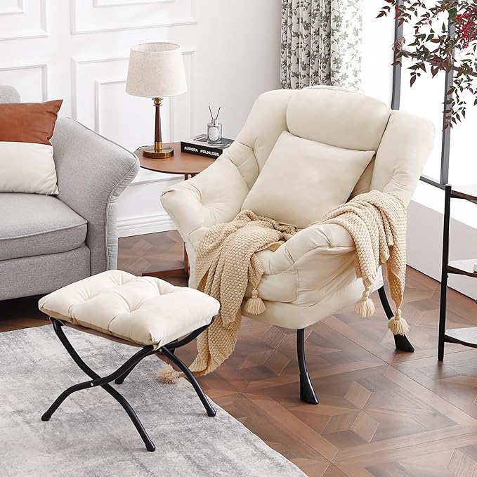 Lvory Lazy Chair with Ottoman, Large Velvet Accent Chair with a Throw Pillow by HomeEastllyHome
