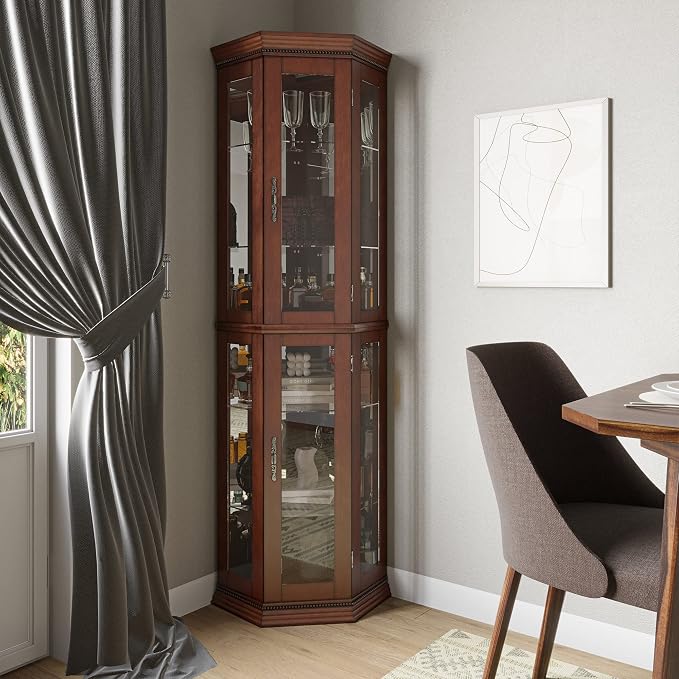 BELLEZE Lighted Wooden Corner Display Curio Cabinet, Two Section Shelving Unit - Image 3