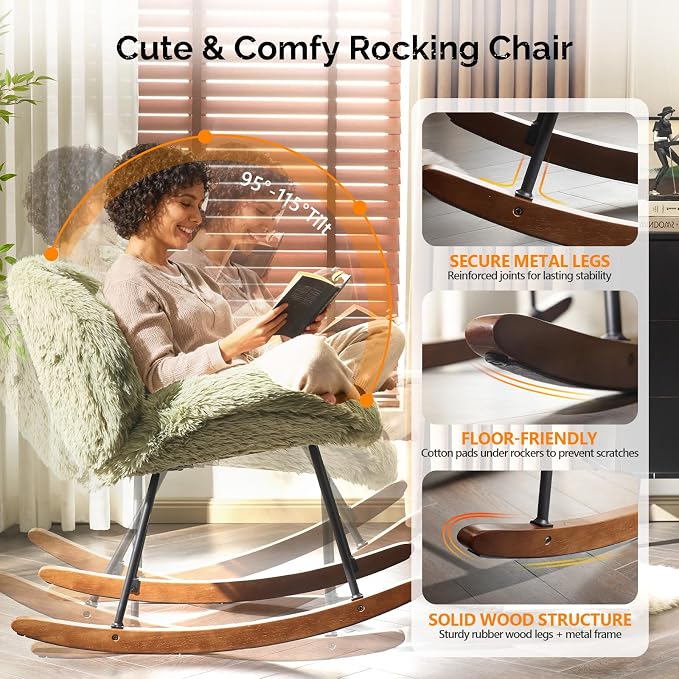 VINGLI 25.6" Extra Wide Criss Cross Nursery Rocking Chair, Cute Curved 115° - Image 4
