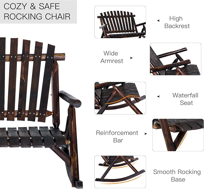 Outsunny Outdoor Wooden Rocking Chair, Double-Person Rustic Adirondack Rocker - Image 6
