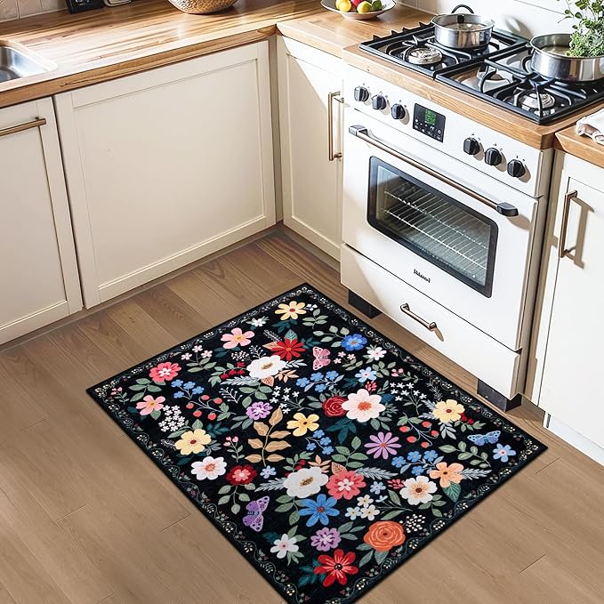 PLHXFR 2x3 Small Entryway Rug: Floral Washable Indoor Soft Carpet Black | - Image 4