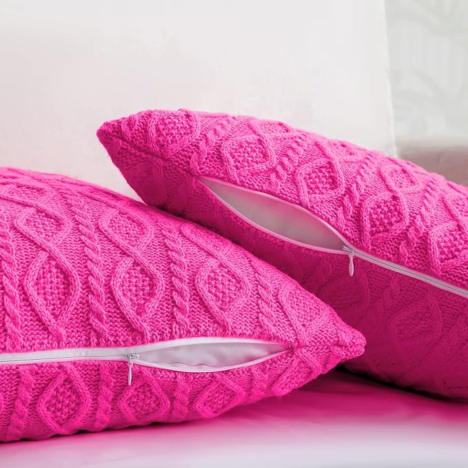 Homiest Hot Pink Cable Knit Throw Blanket Set of 3, Soft & Cozy Acrylic Blanket - Image 4