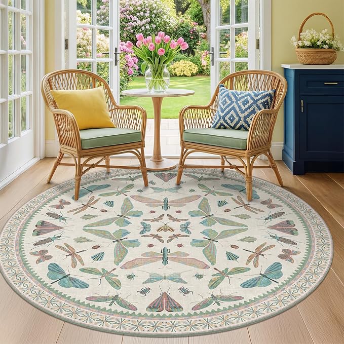 Green and Blue Insect 6ft Round Soft Rugs by HazoHaus