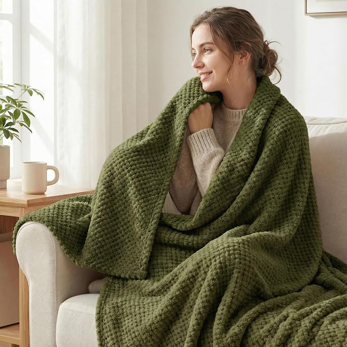 Exclusivo Mezcla Soft Waffle Fleece Bed Blanket Twin Size, Olive | Lightweight - Image 2