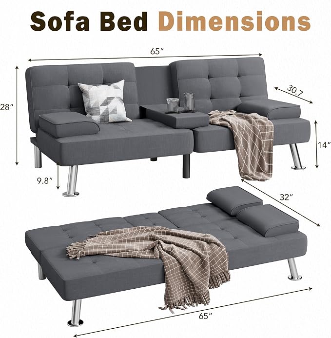 Shahoo Modern Linen Upholstered Convertible Folding Futon Sofa Bed - Image 2