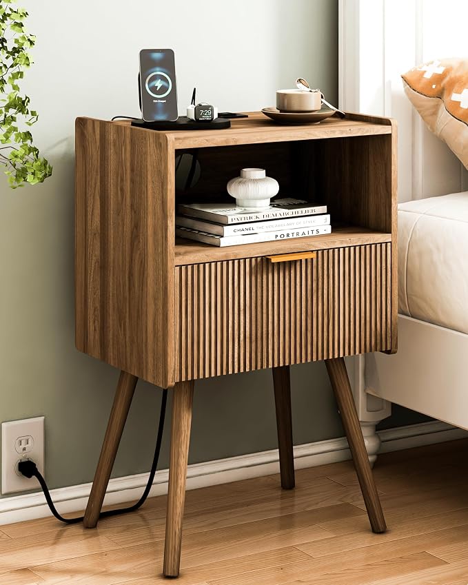 JOONEE Nightstand with Outlet, Modern Bedside Table with Storage Drawer and by JOONEE