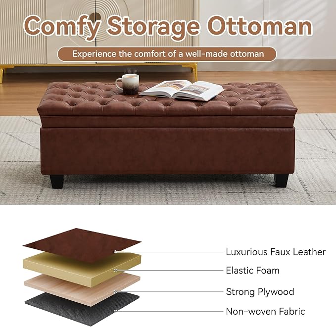 WUTUTUEE 50" Faux Leather Storage Ottoman Bench, Upholstered Rectangle End of - Image 5