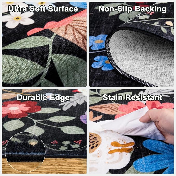 PLHXFR 2.6x8 Washable Runner Rug：Floral Indoor Kitchen Soft Carpet Black | - Image 8