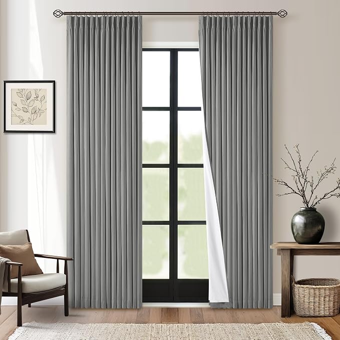 Grey Pinch Pleated 100% Blackout Linen Curtains by Twodrapes