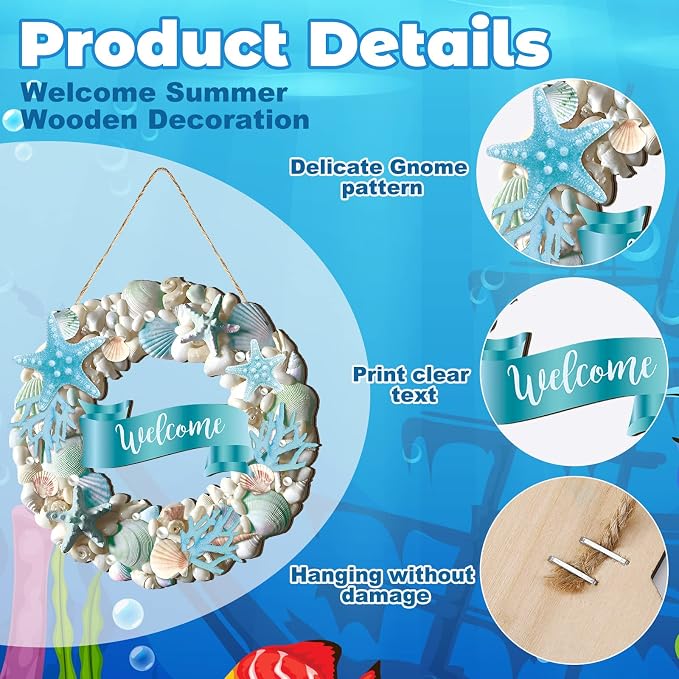 Wesiti Summer Coastal Shell Wreath 12 Inch Wooden Welcome Wreath - Image 5