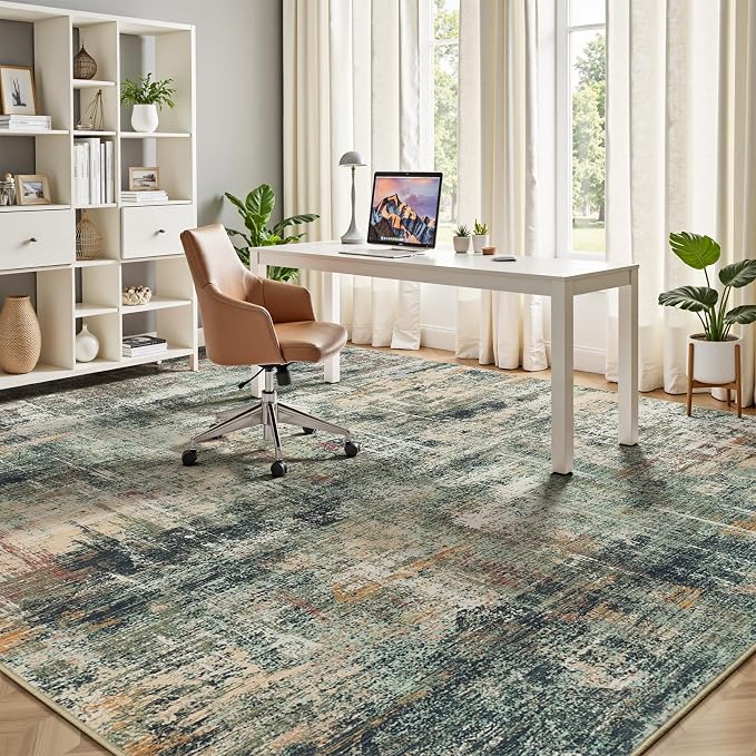 9x12 Area Rug for Living Room, Abstract Washable Large Rugs, Coffee/Green | - Image 6