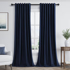 Navy Blue 100% Blackout Linen Curtains 102 Inch Length 2 Panels Set by Guken