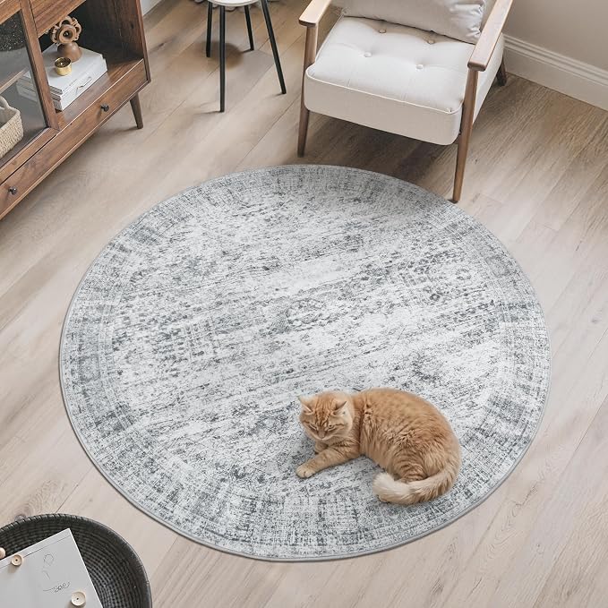 Soalmost 5x5 Grey Round Rug 6ft Circle Living Room Area Rugs Non-Slip | - Image 9