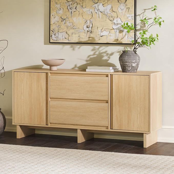 Walker Edison Modern Beveled 2-Door, 2-Drawer Sideboard, 63 Inch, Coastal Oak - Image 2