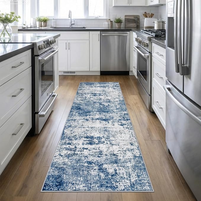 2.6x10 Washable Runner Rug:Modern Abstract Indoor Soft Carpet Blue | by FXRHLP