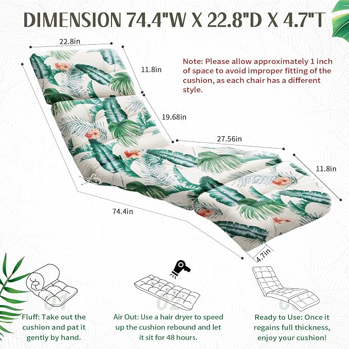 EverPine Outdoor Chaise Lounge Chair Cushion 74.4 x 22.8 x 4.7 Inch, Patio - Image 2