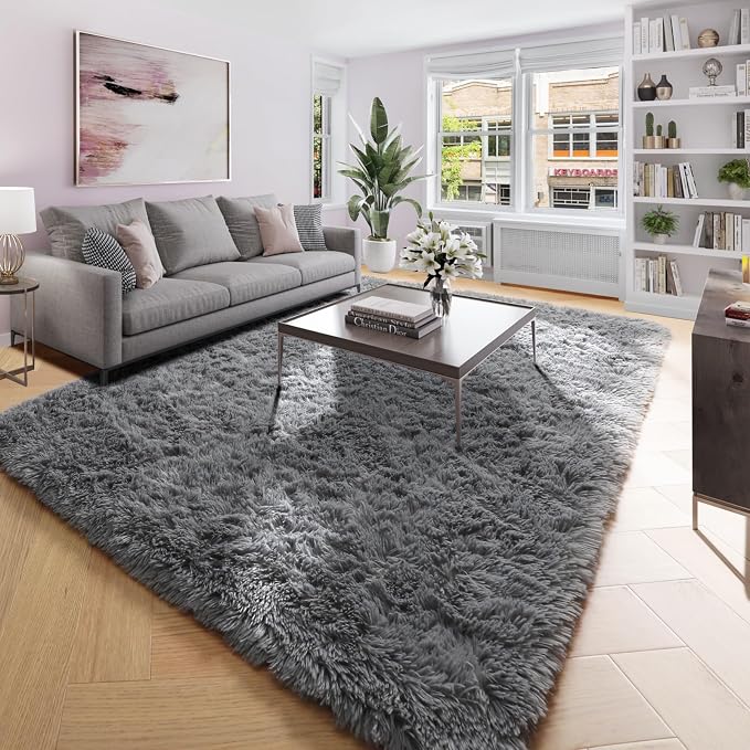 Amdrebio Grey Large Plush Shaggy Rug 6x9 - Image 4