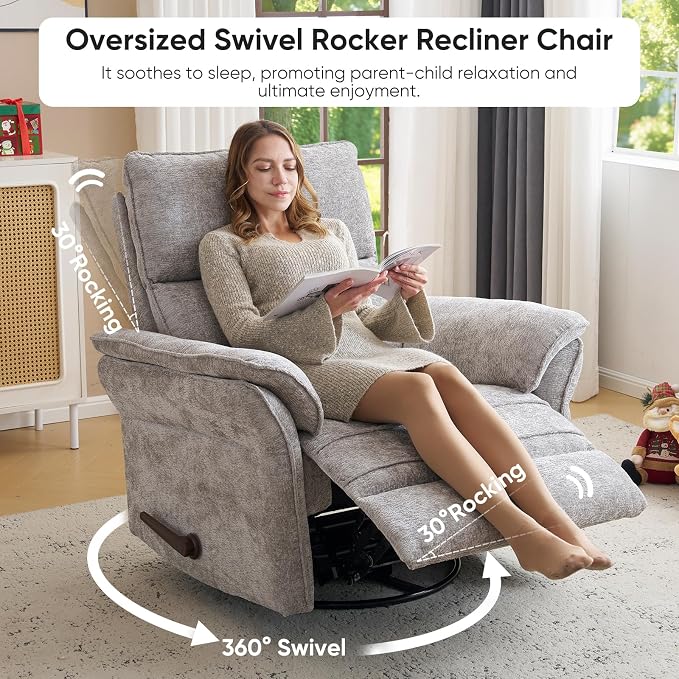 Rocking Chair Nursery with Adjustable Headrest, Manual Swivel Rocker Recliner - Image 4