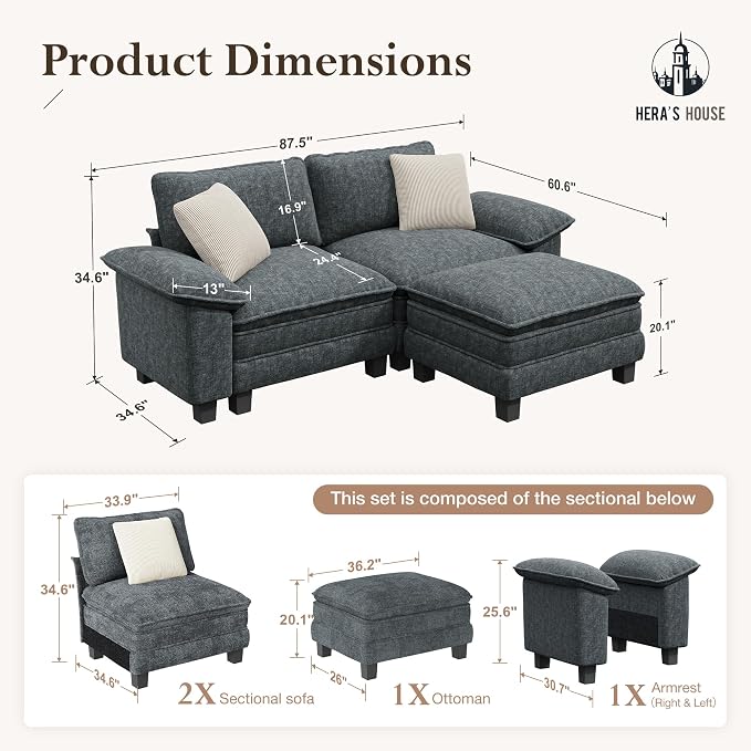 HERA'S HOUSE 88" Modular Sectional Sofa, L Shaped Couches - Image 2