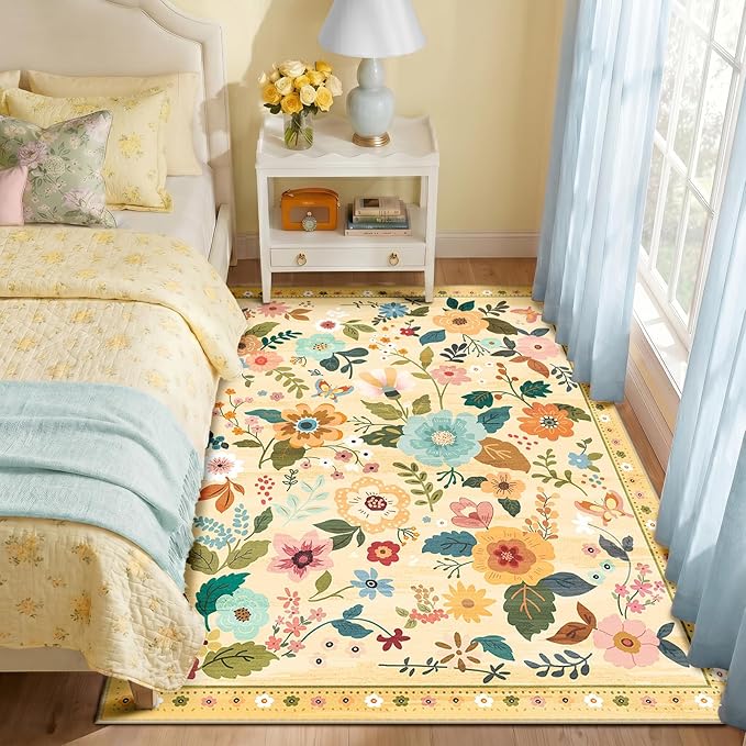 RELEANY Floral Washable 4x6 Area Rugs Ivory/Yellow | Flower Carpet Print Boho - Image 6