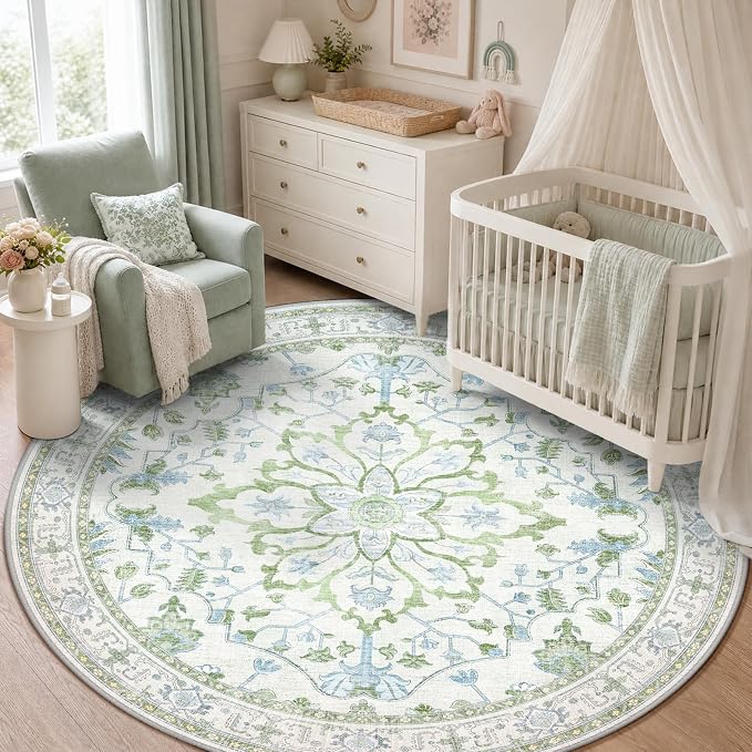 RELEANY Washable Area Rug, Round 5ft, Water Repellent, Pet Friendly, Vintage by RELEANY