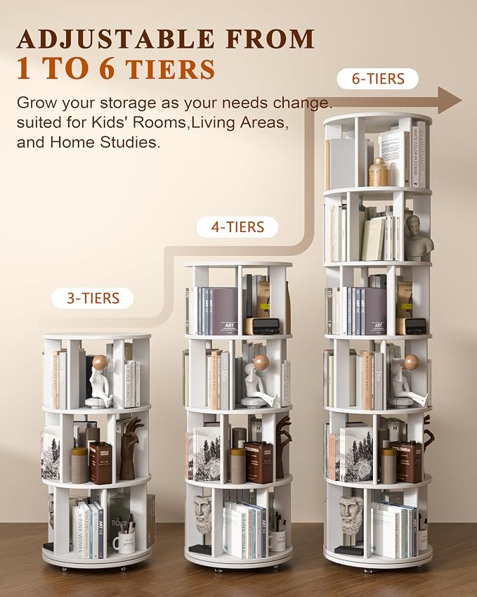 4-Tier Solid Wood Rotating Bookshelf on Wheels, 360° Spinning Book Shelf Tower - Image 4