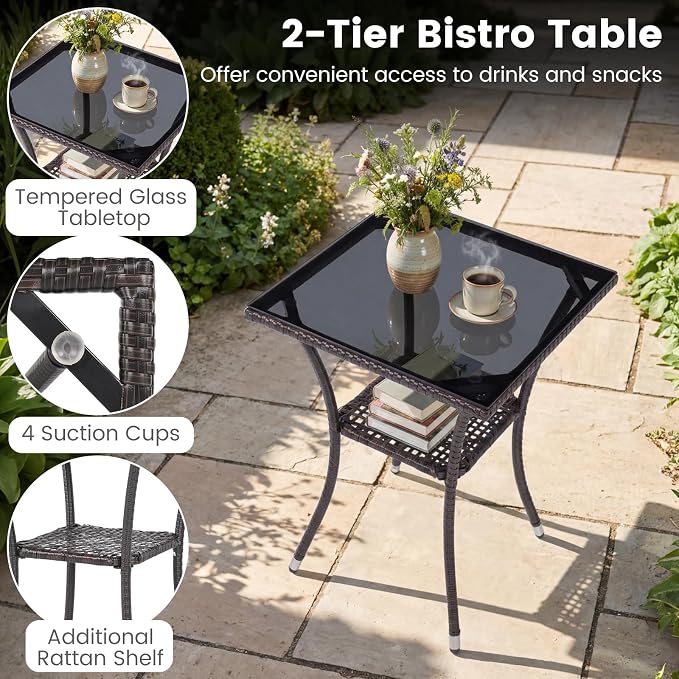 Tangkula 3 Pieces Patio Wicker Bistro Set, 2 Rattan Chairs w/ 2-Tier Tempered - Image 7