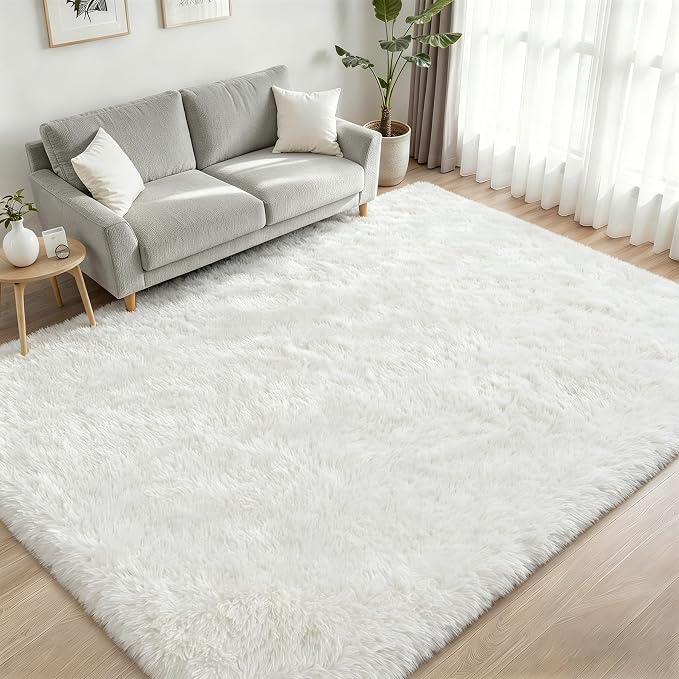 Area Rug Living Room Bedroom: 6x9 Fluffy Plush Shag Carpet Ivory | - Image 2