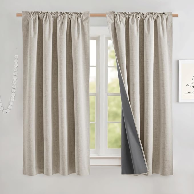 NICETOWN Natural Linen 100% Blackout Short Curtains 48 inches 2 Panels | - Image 2